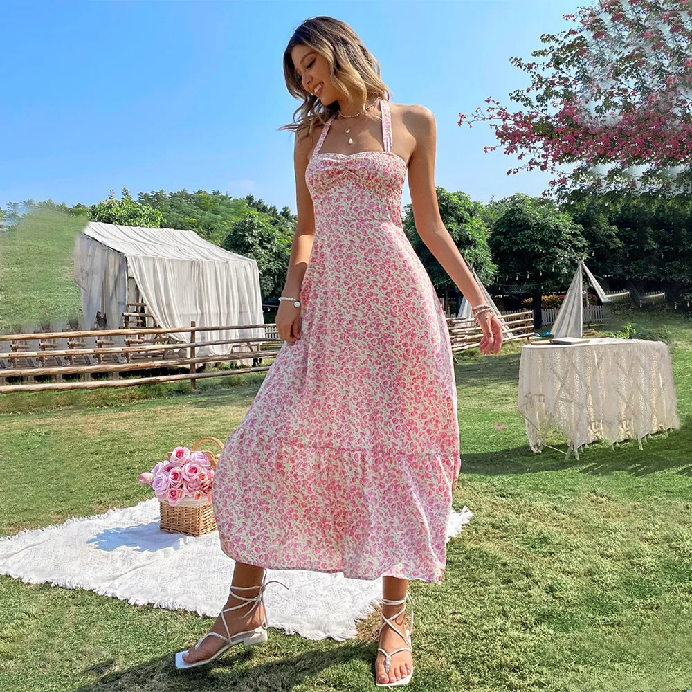 

Lace-up Sleeveless Bust Lace-up Waist A-line Floral Dress Sexy Tight Fashion Street Dress Women's Floral Beach Vacation Dress