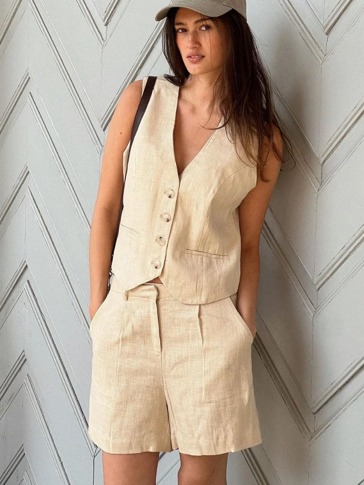 Fashion Solid Single Breasted Sleeveless Vest Suit Women Chic Cotton Linen Pockets Shorts Set Spring Elegant Female 2025 Outfits