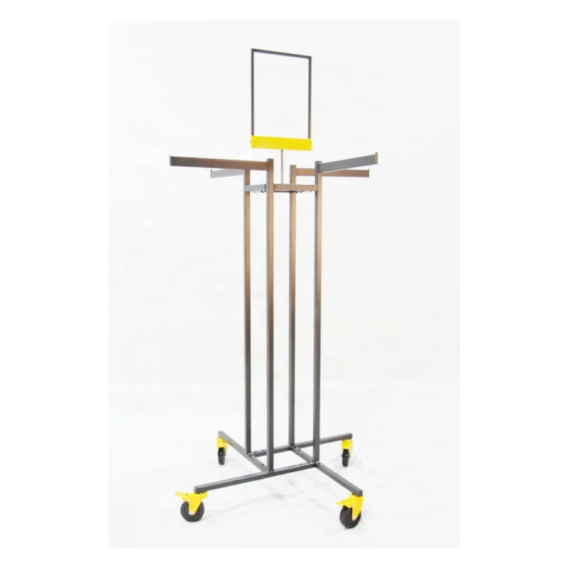 

custom.Hot sell retail boutique fixtures wheels design metal 4 way clothing store display rack for clothes shop