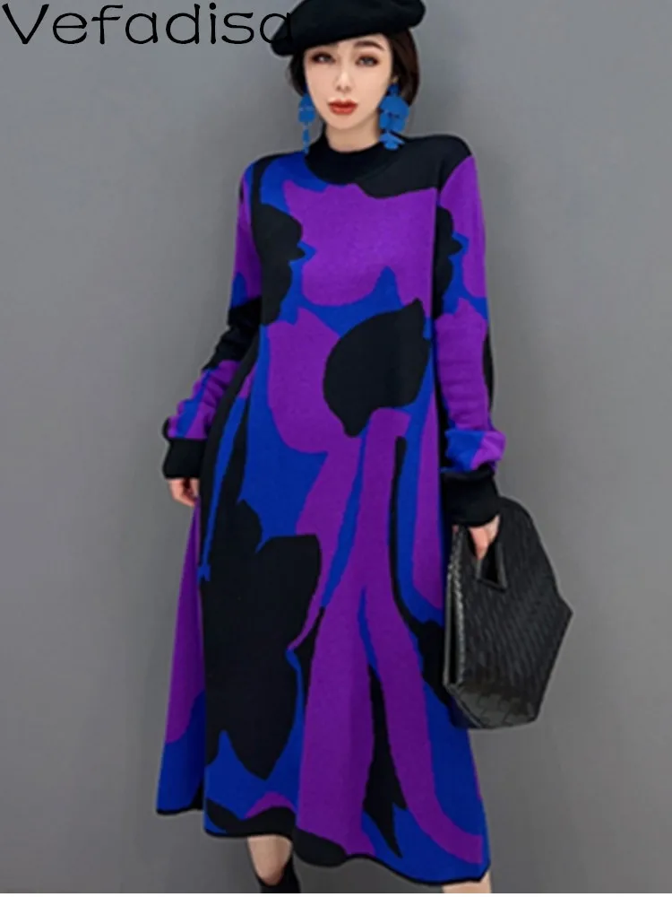 Purple 2024 Spring Autumn Round Neck Pullover Knitting Dress Loose Mid-length Blocking Sweater Dress Women Purple Dress LHX3540