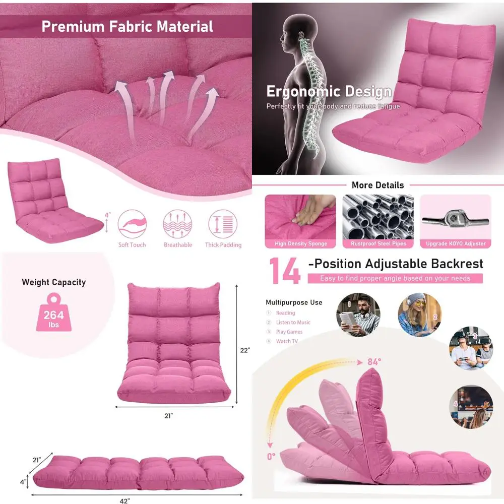 

Pink Padded Gaming Chair with Resilience Sponge, Alloy Steel Frame, and Back Support for Comfortable Sitting, Reading, or Medita