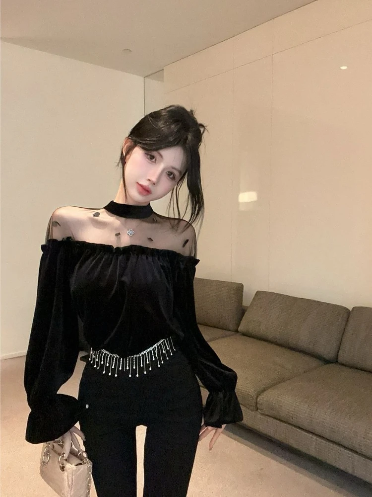 

Новинка осени-зимы 2026: женская блузка-футболка во французском стиле с воротником-стойкой, сеткой, пайетками и бархатом, свободного кроя, базовый слой