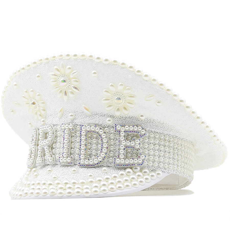 

New Women Sequin Burning white Bride Military Hat Handmade Sailor Captain Sergeant Hat Birthday Festival Part Hat