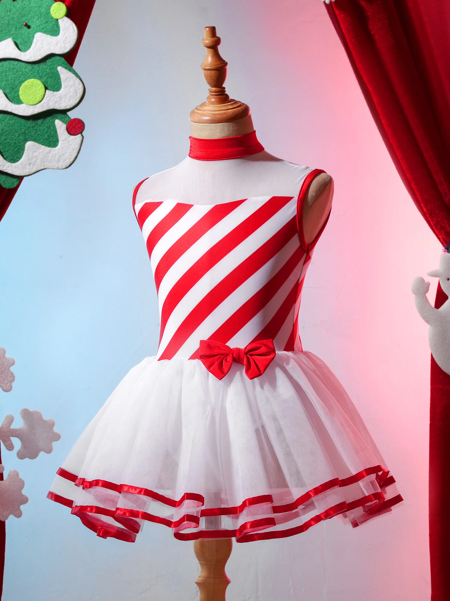 Kids Girls Christmas Dance Dress Tutu di balletto ginnastica pattinaggio body senza maniche a righe abiti in rete Costume Cosplay da circo