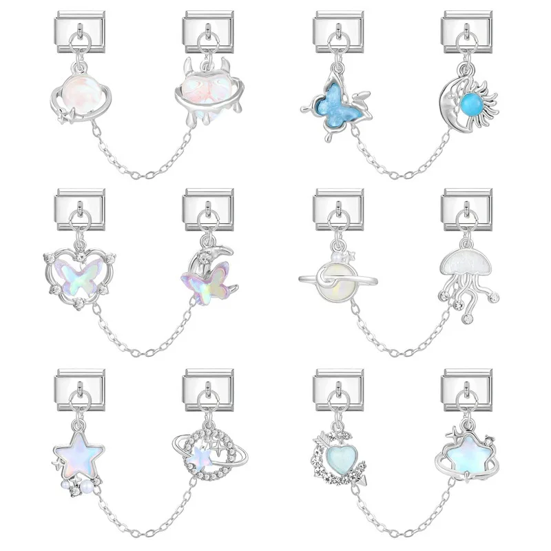 Fashion Women Stainless Steel Heart Star Enamel Jellyfish Chain Italian Charms Link Fit 9mm Bracelet Stainless Steel DIY Jewelry