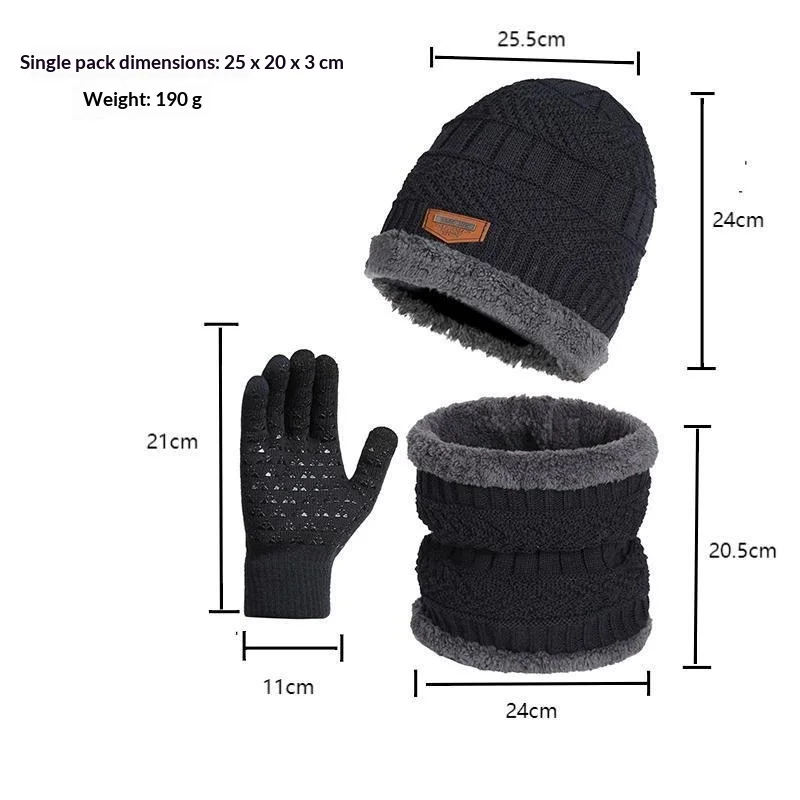3Pcs Winter Beanie Hat Scarf Gloves Set Fleece Lined Knit Thermal Warm Touch Screen Unisex Windproof Cold Weather Outdoor Set