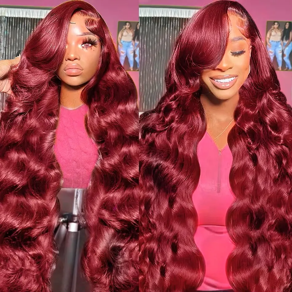 Perruque Lace Front Body Wave Brésilienne Naturelle, Cheveux Humains, Couleur Rouge Bordeaux 99J, 13x6, 13x4, HD, Transparent, pour Femme