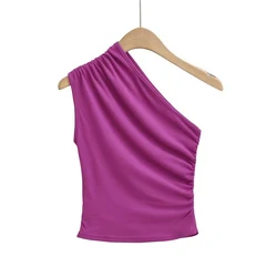 Sexy Irregular One Shoulder Tank Top Slim Folds Solid basic Y2K Hip Hop Streetwear Top Casual Hotsweet Summer Trend Women's Top