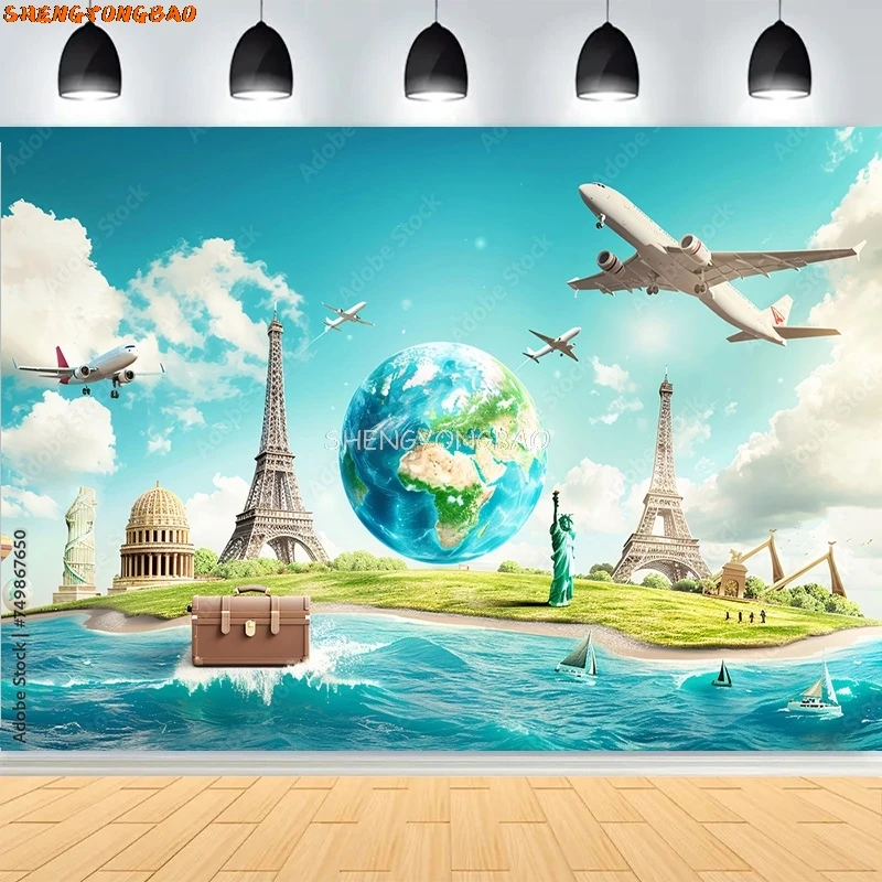 Famous Landmarks Of The World Connected Photography Backdrops Travel Around The Global Baby Birthday Photo Background HQ-01