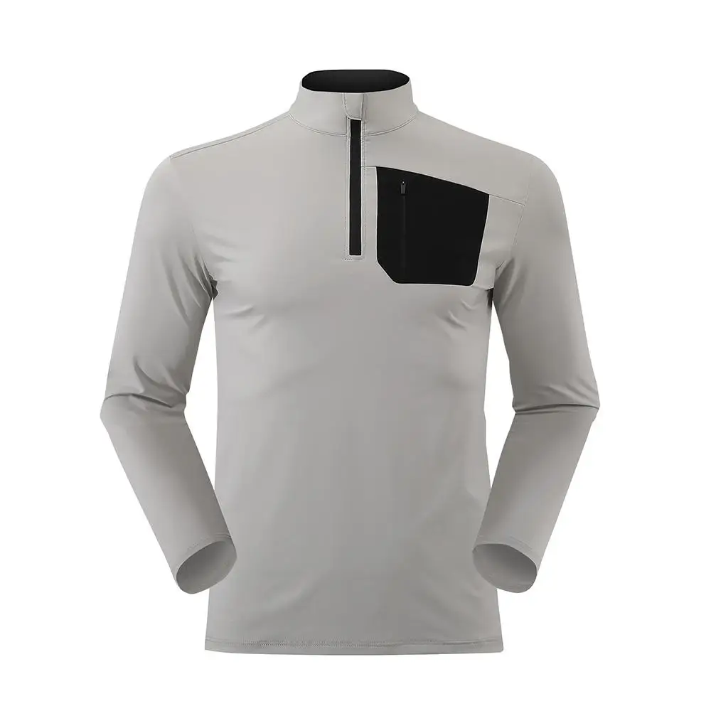 Outdoor Sports T-shirt Long-sleeved Men Quick-drying Breathable Sweat-wicking Stand-up Collar Half-zipper Casual Pocket Gym Top