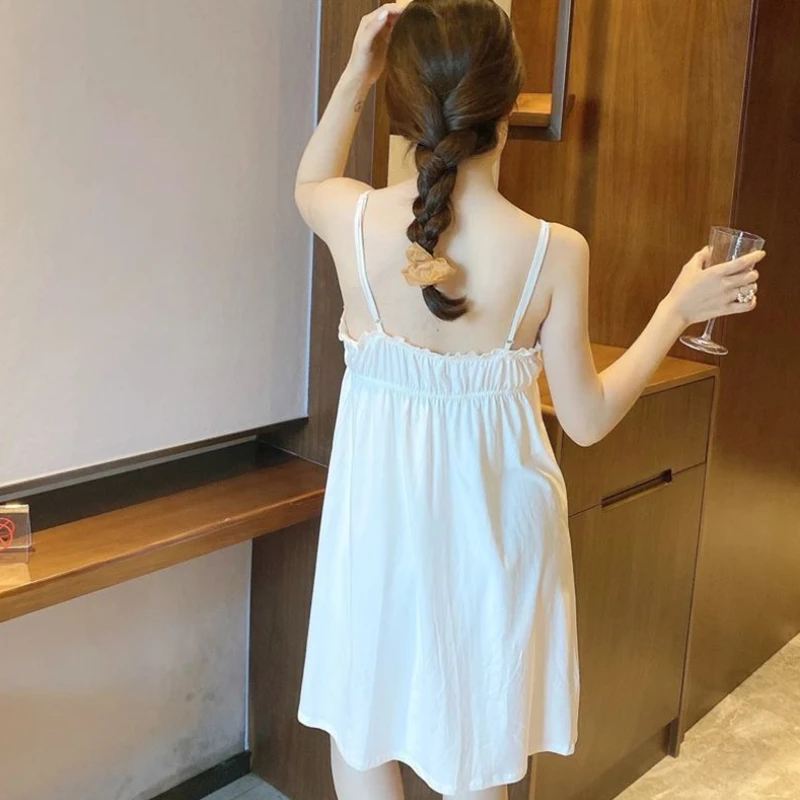 White Nightgowns Women Sexy Backless French Style Loose Summer Lounge Clothes Simple Sleeveless Elegant Female Cool Nightwear