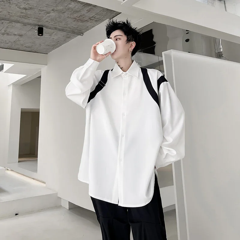 Black White Splice Shirt Men Net Celebrity Streetwear Fashion Show Loose Casual Long Sleeve Shirt Blouses Male Stage Clothing