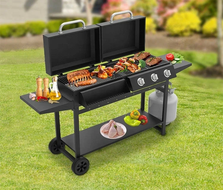 Square Portable Charcoal Gas BBQ Grill Large Cooking Area Outdoor Barbecue Smoker Gas BBQ Grills With Trolly