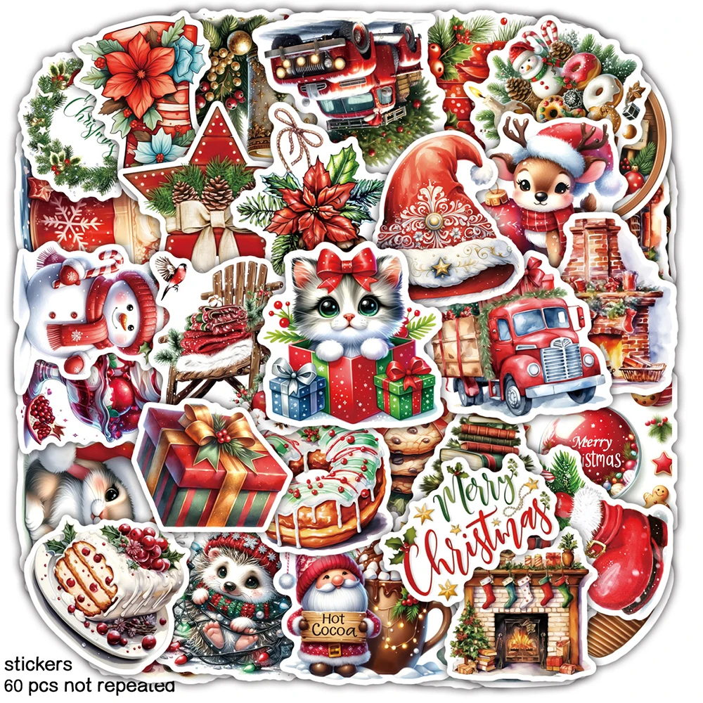 10/30/60pcs Merry Christmas Fun Cartoon Stickers DIY Phone Case Water Bottle Luggage Cute Santa Claus Animal Decals for Kids Toy