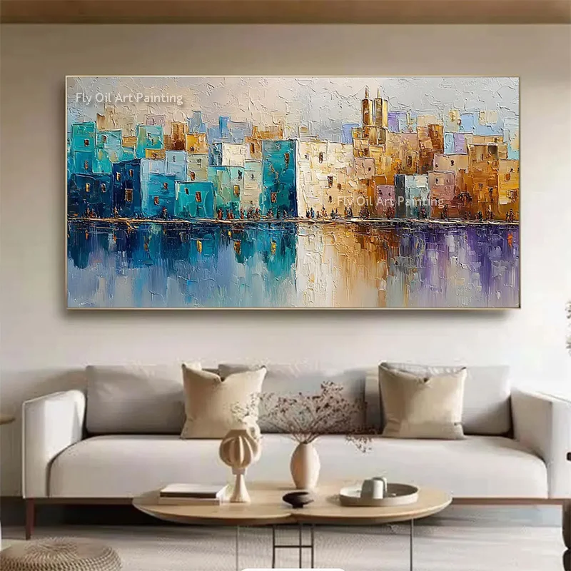 Blue Yellow Purple City Building Shadow View Oil Painting For Home Decor Handmade White Beige Cityscape Canvas Thick Wall Art