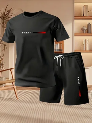 

2026 New Men's Short Sleeved T-shirt+shorts Sportswear Personalized Paris Letter Print Summer Casual Loose Home 2-piece Set