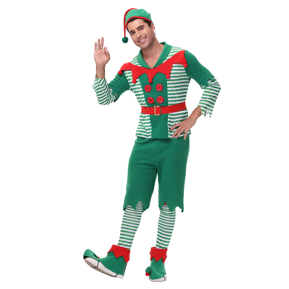 Zawaland Couple Christmas Elf Costume with Hat Stockings Shoe Covers Belt Party Dress Outfit Men Women Xmas Clothes Fancy Dress