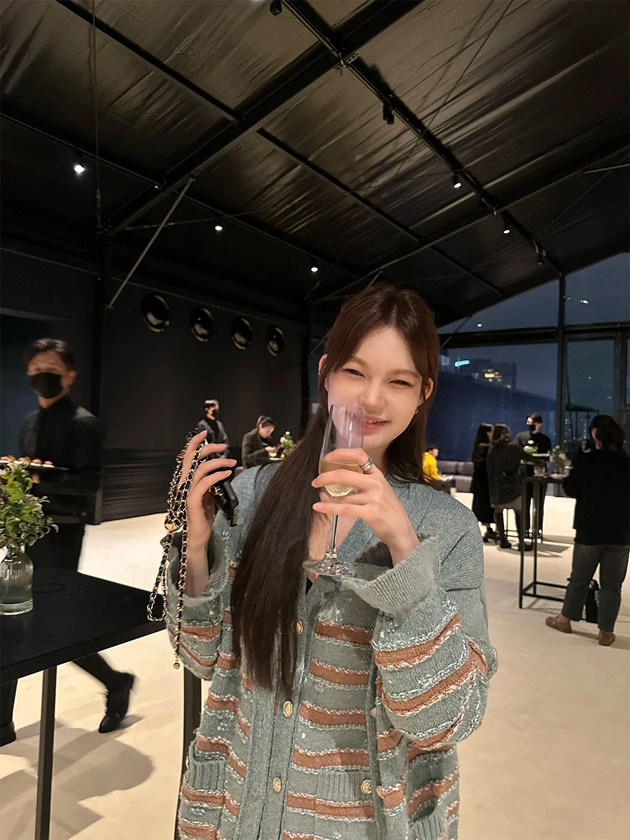 

Good Morning Fan Fan Mohitoo Blue Striped V-ne Knitted Vest/Sve Ruffle Open Cardigan Coat Women Early Autumn Set