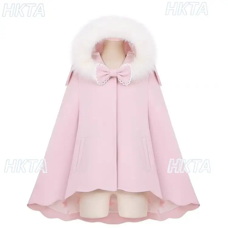 Natale giapponese dolce principessa Lolita giacca con cappuccio ragazze inverno collo di pelliccia splicing petali pendula mantello di lana cappotti donna