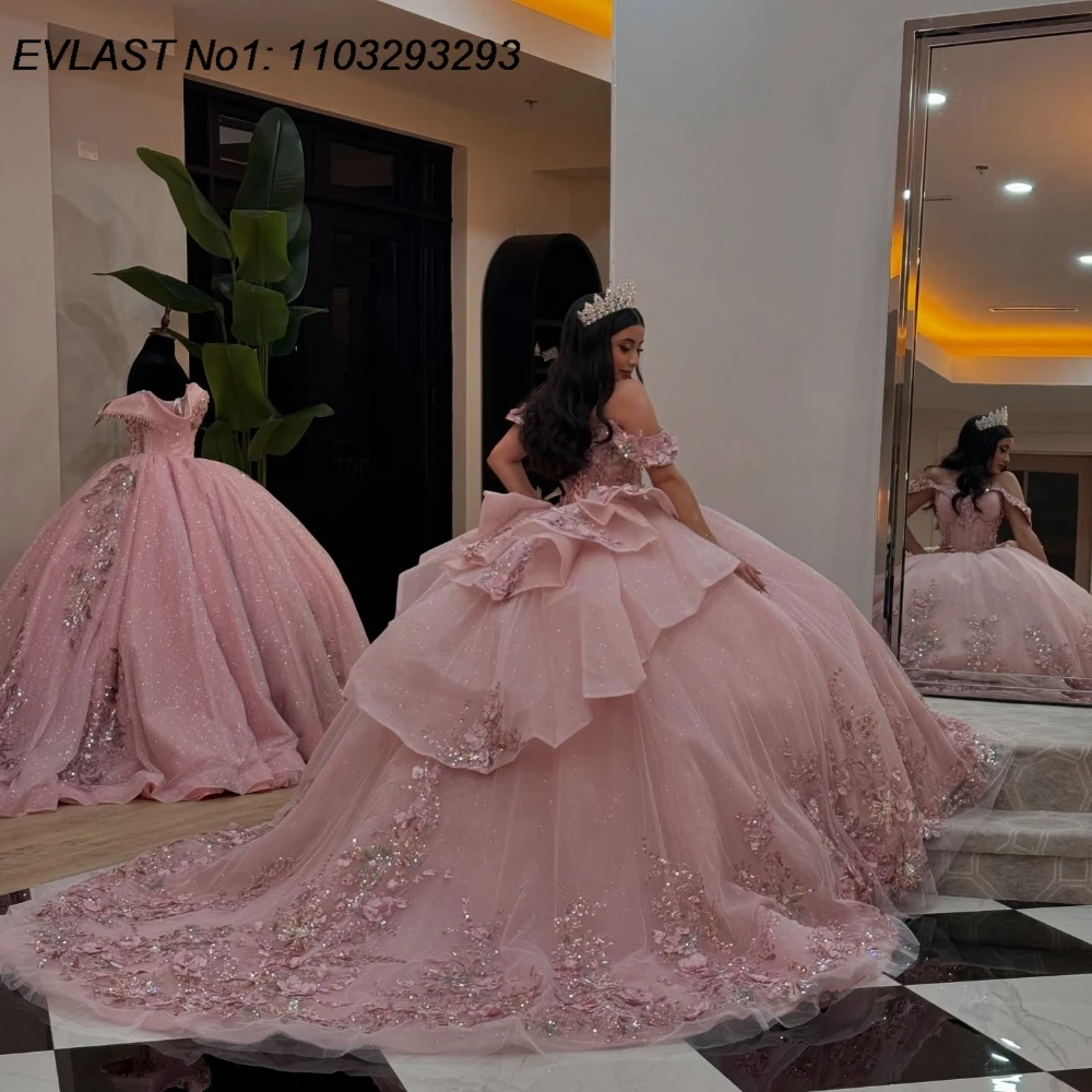 EVLAST Customized 2025 Pink Floral Quinceanera Dress Ball Gown Applique Beading Tiered Corset Sweet 16 Vestido De 15 Anos E1Q486