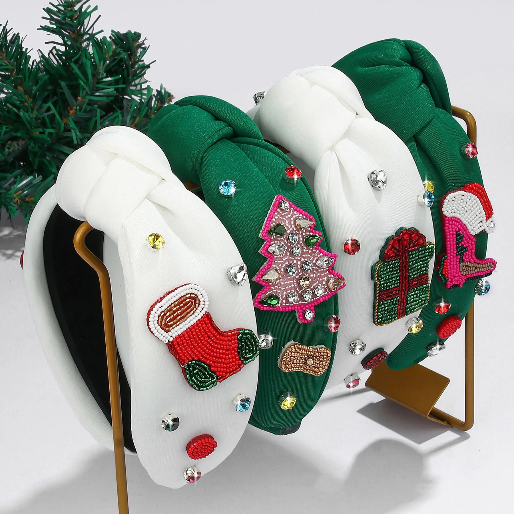 

Christmas Handmade Rice Beads Inlaid with Rhinestones Christmas Tree Boots Gift Box Knotted Hairband Versatile Hair Accessories