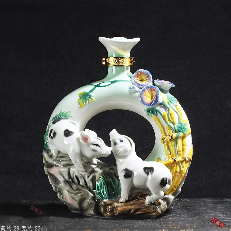 Empty wine jar ceramic with lid desktop ornament hand-carved zodiac signChinese style enamel color household seal large capacity