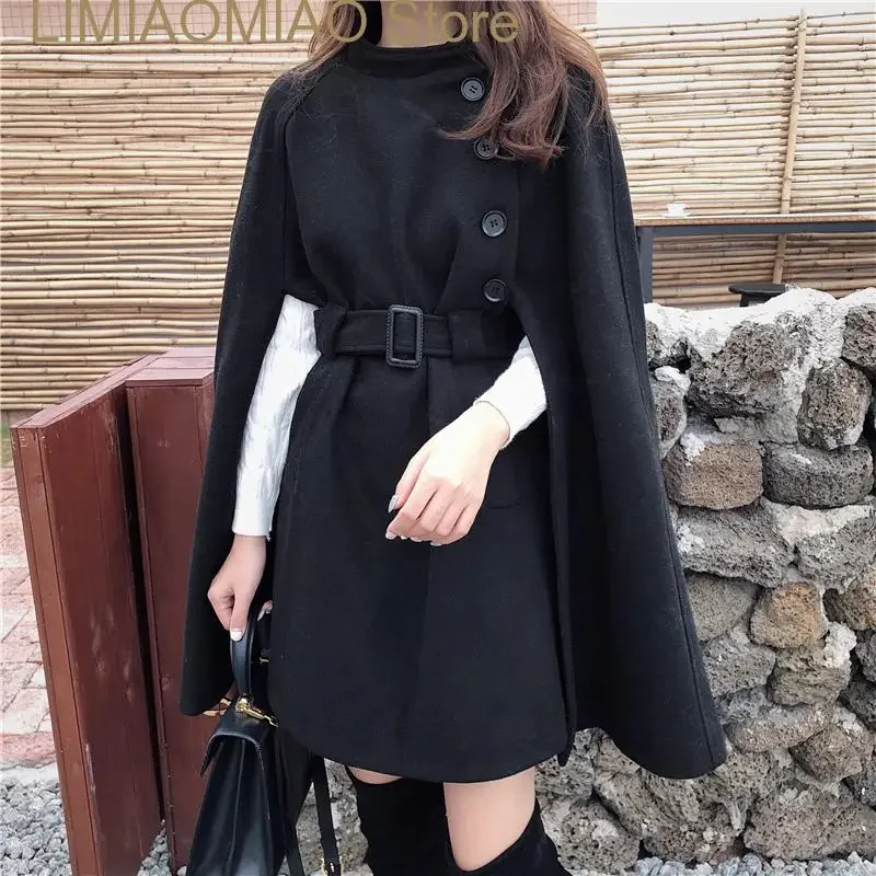 Autumn High Quality Woolen Cloth Shawl Cape Poncho With Belt Women Mid-length Korean Sleeveless Casual Ladies Cape Coats