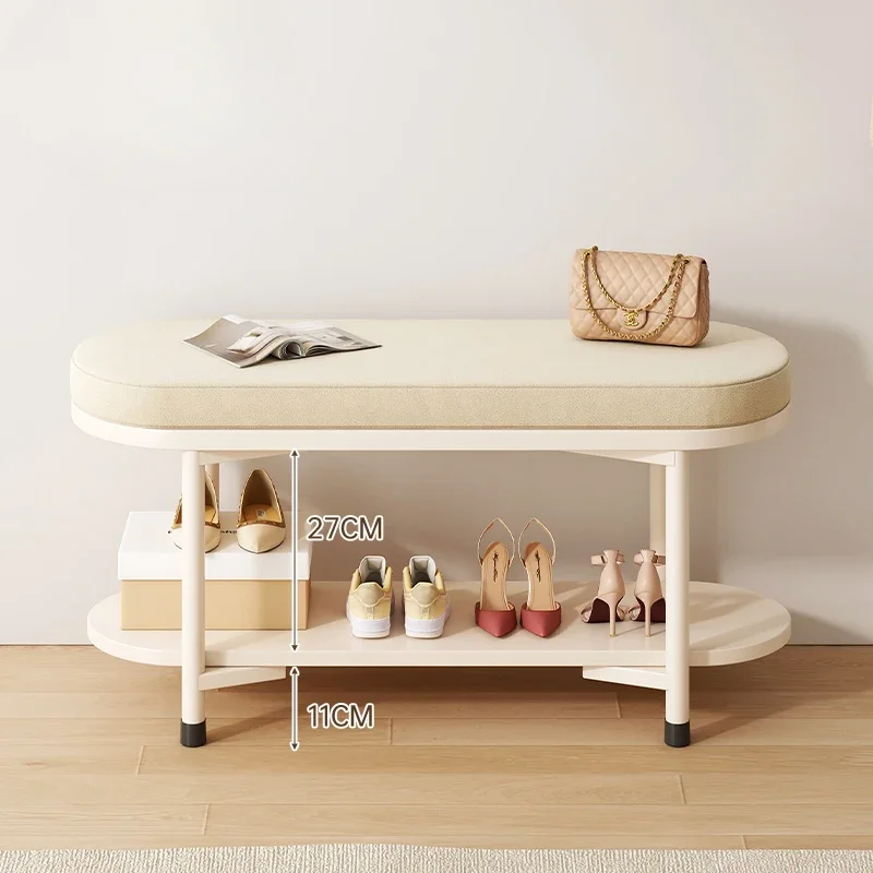 

Shoe Changing Stool with Storage: Cream Style Wood Shoe Cabinet, Simple 2-Layer Design, Living Room Furniture