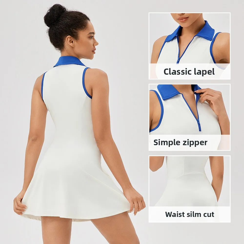 Lapel one-piece tennis dress for women quick-drying breathable waist-cinching and color-blocking sports casual and fitness dress
