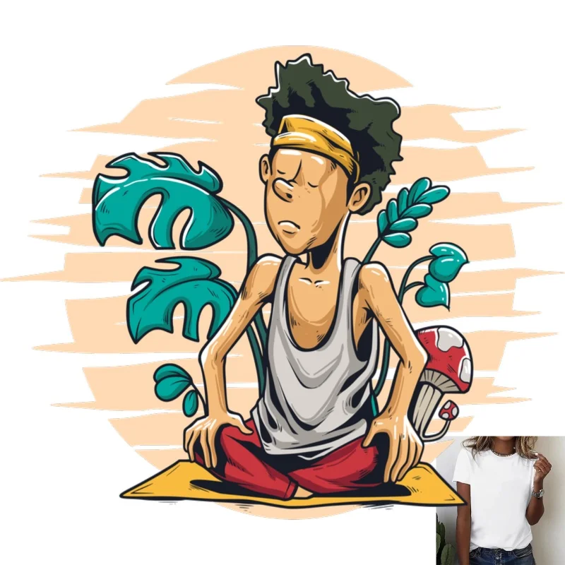 Trendy Trendy Yoga Boy & Plants Mushroom Print Heat Transfer White Ink Iron - on Patch, Suitable for T - shirts, Canvas Bags & Casual - Aliexpress Deal