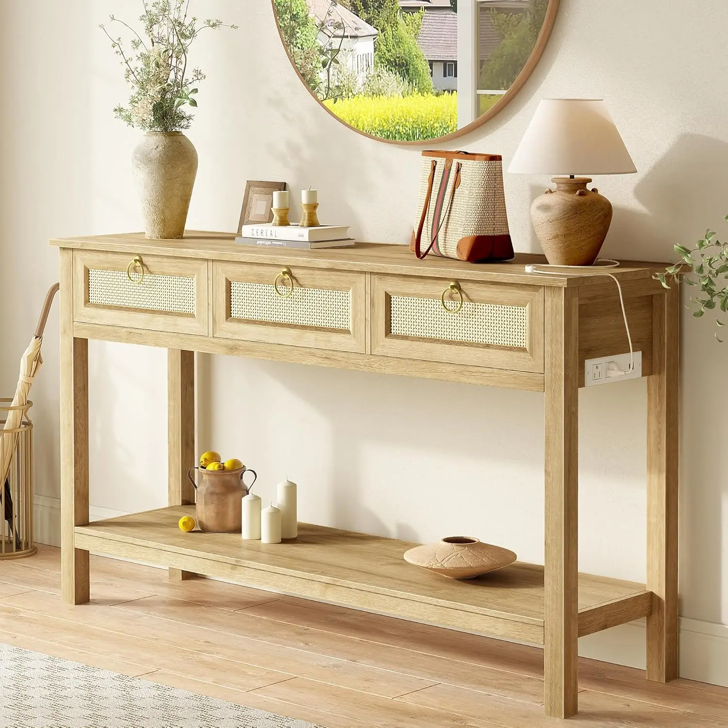Rattan Console Sofa Table with Outlets, USB-C Port, 3 Drawers, and Open Shelf for Entryway or Behind Couch Storage