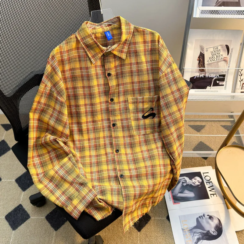 

Yellow Plaid Long Sleeve Men's Shirt Spring Summer Sun Protection Loose American Style Lazy Vintage Casual Couple Jacket