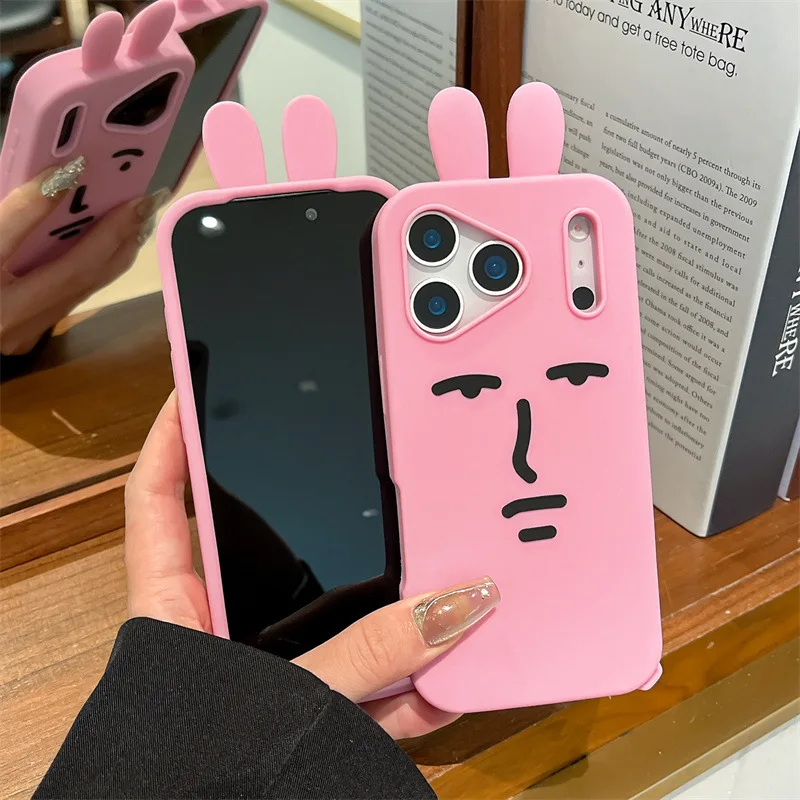 Kawaii ثلاثية الأبعاد مضحك الكرتون الوردي الرموز التعبيرية أرنب قضية الهاتف آيفون 17 16e 15 14 13 12 برو ماكس زائد لينة سيليكون غطاء مقاوم للصدمات