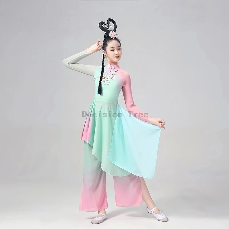 children's long sleeved top pants 2-piece set kids classical dance stage performance costume girls' chinese folk dance costume