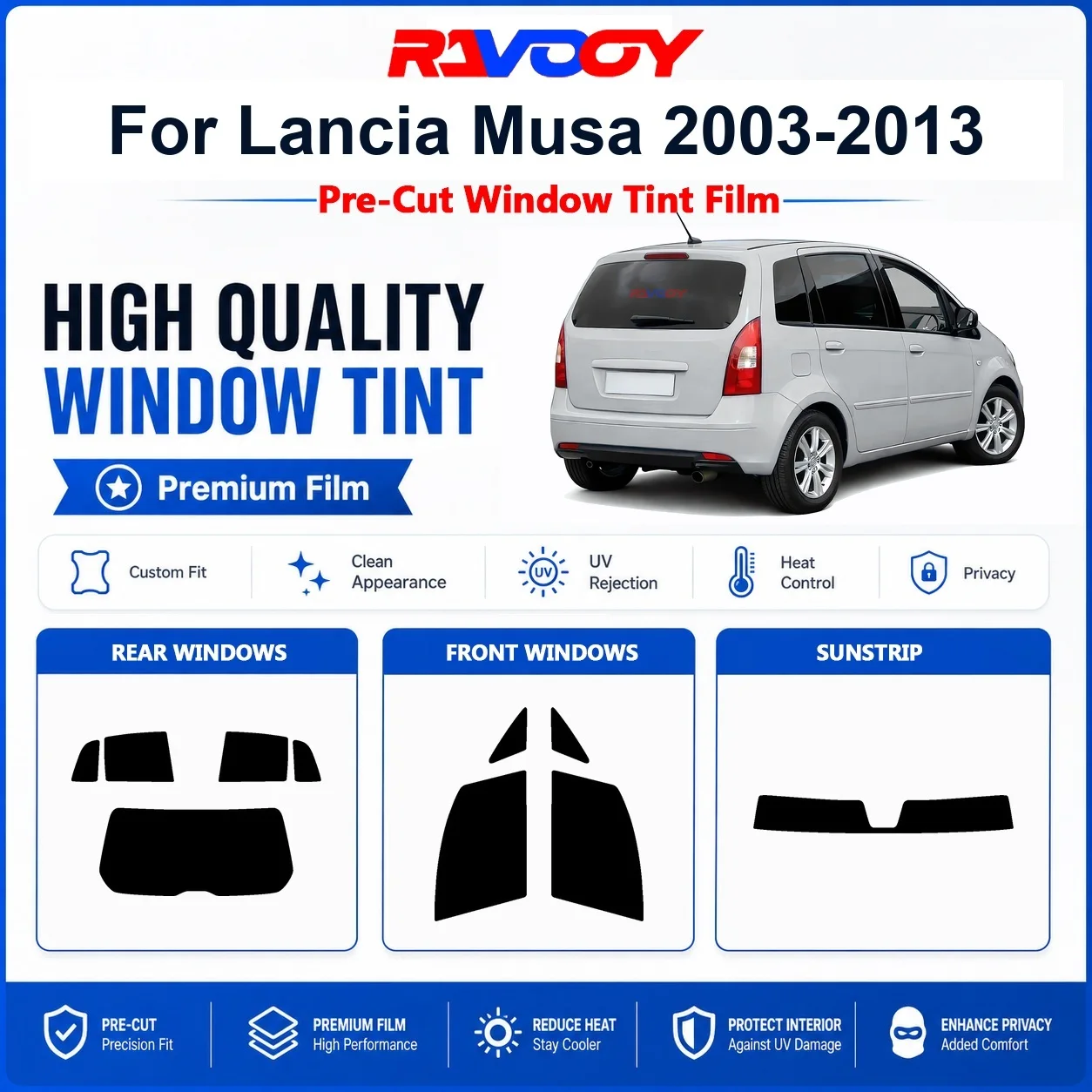 Pellicola oscurante pre-tagliata premium per finestrini Lancia Musa 2003-2013, pellicola per la privacy con protezione UV e isolamento termico per finestrini anteriori e posteriori