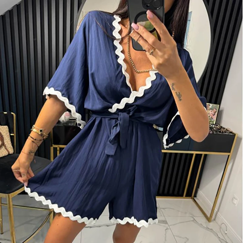 

Casual Wave Striped Patchwork Beach Playsuit New Summer Women V-neck Tie Up Shorts Jumpsuit Elegant Office Solid Pleated Romper