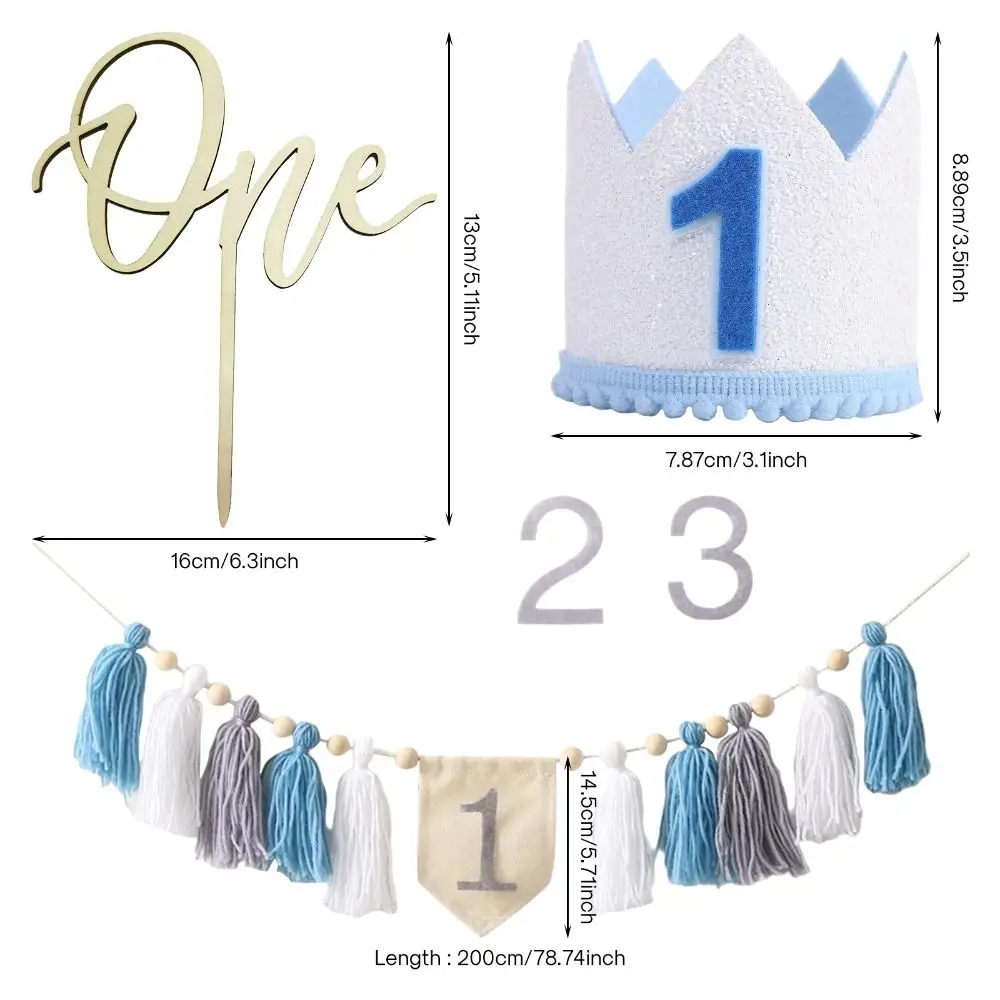 First Birthday Party Decorations,One Cake Topper 1st Birthday Crown Blue High Chair Banner for Birthday Baby Shower Photo Props