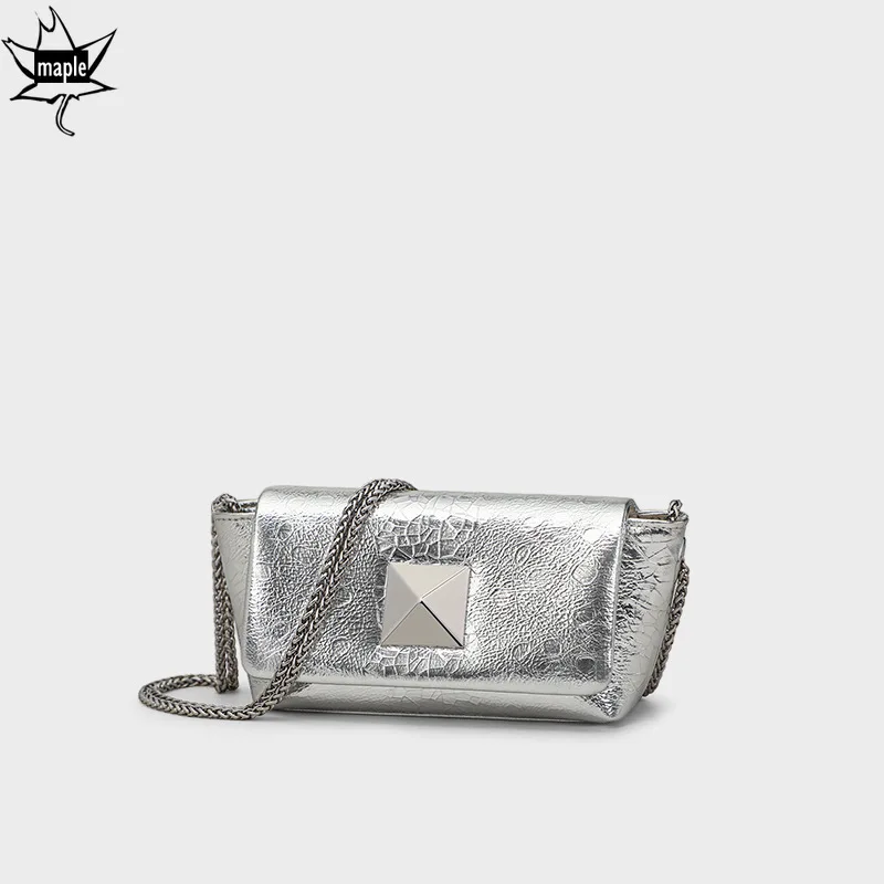 New Summer Big Rivet Design Silver Flap Bag Small Oil Wax Cow Leather Women Crossbody Shoulder Bag Chain Strap High-class Purse