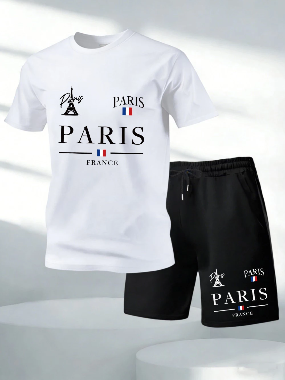 

Two Pieces Set Paris France Letter Printed Cotton Tops Shorts Mens O-Neck Oversized Soft T-Shirts Pocket High Waisted Male Pants