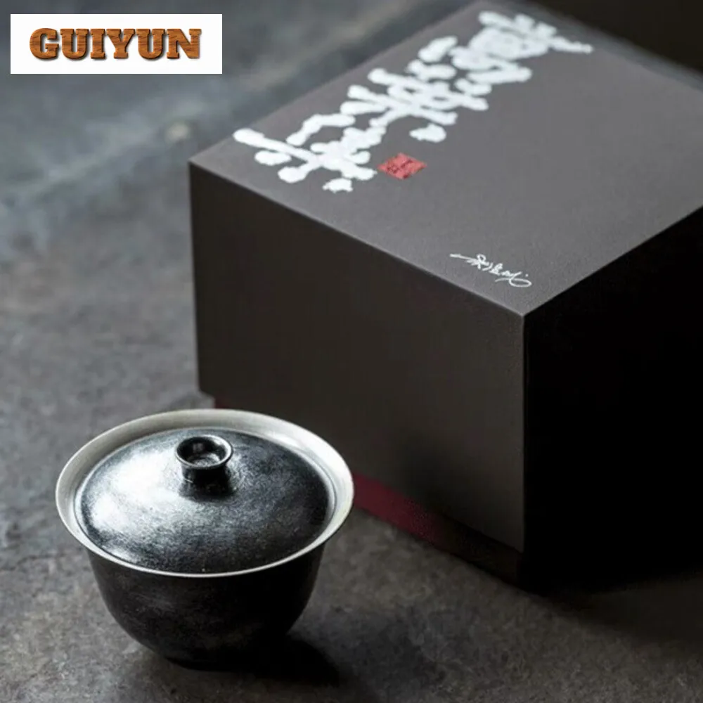 125ml Handmade Lacquer Art Gaiwan Hand Pulled Gilded Silver Tea Tureen Tea Brewing Cover Bowl Soperas Chinese Tea Set Collection