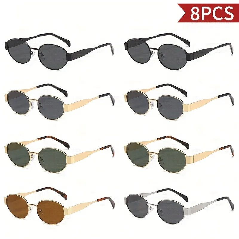 

8 шт. Новые модные брендовые солнцезащитные очки в ретро-стиле, маленькая оправа, металлические очки для женщин и мужчин, защита от ультрафиолета
