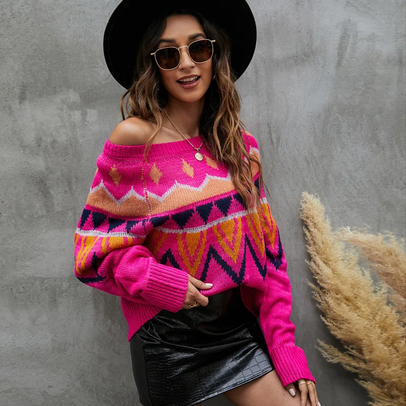 Womens Fluorescent Powder Sweater Spring Autumn Raglan Sleeve Geometric Jacquard Casual Loose Knitted Pullover Tops Jumpers