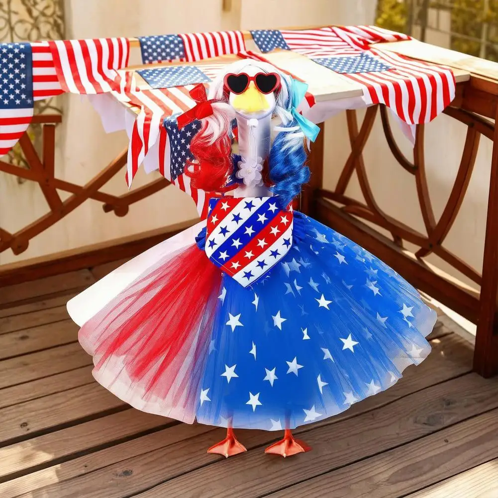 Patriotic Porch Goose Outfits 4th of July Lawn Goose Clothes with Skirt Wig Bandana Necktie Goose Festive Garden Decorations