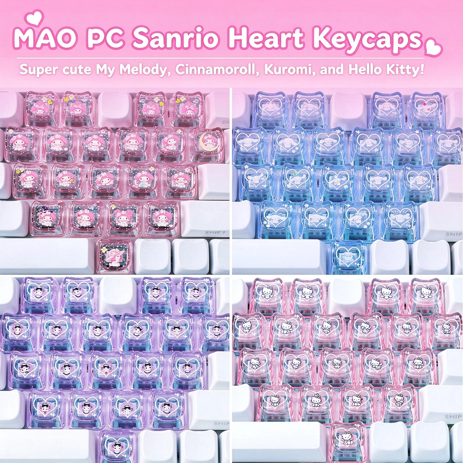 Kawaii My Melody Hello Kitty Themed Keycaps Cinnamoroll Kuromi MAO Profile PC Backlit Keycap for MX Switch Mechanical Keyboards