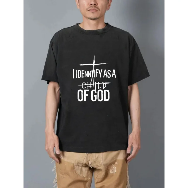 

Men's Washed T-Shirt Black I Identify As A Child Of God Printed Christian Cross Text High Quality 100% Cotton 230g