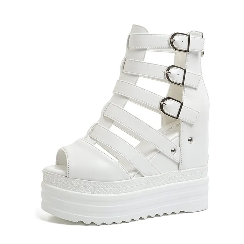 

Женские римские сандалии на ультравысокой танкетке с платформой, летние модные туфли с боковой молнией, открытым носком, однотонные, сексуальные сандалии для женщин