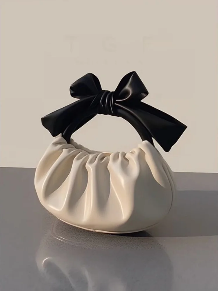 Lady Elegant Pleated Bow Women Sweet Fashion Clutches Luxury Design Office Handbags Trendy Top-Handle Bags