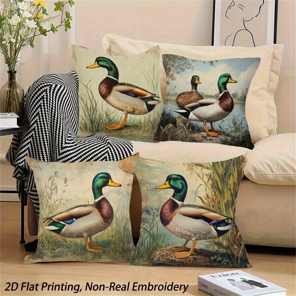 Vintage Mallard Duck Pillow Covers Wetland Nature Scene Decorative Throw Pillow Cases Rustic Farmhouse Home Decor Cushion Covers