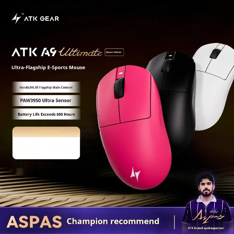 ATK A9 Ultimative kabellose Maus Paw3950/Paw3395 8 kHz Nano-Eisbeschichtung Gaming-Mäuse mit geringer Latenz Leichtes PC-Zubehör Geschenke