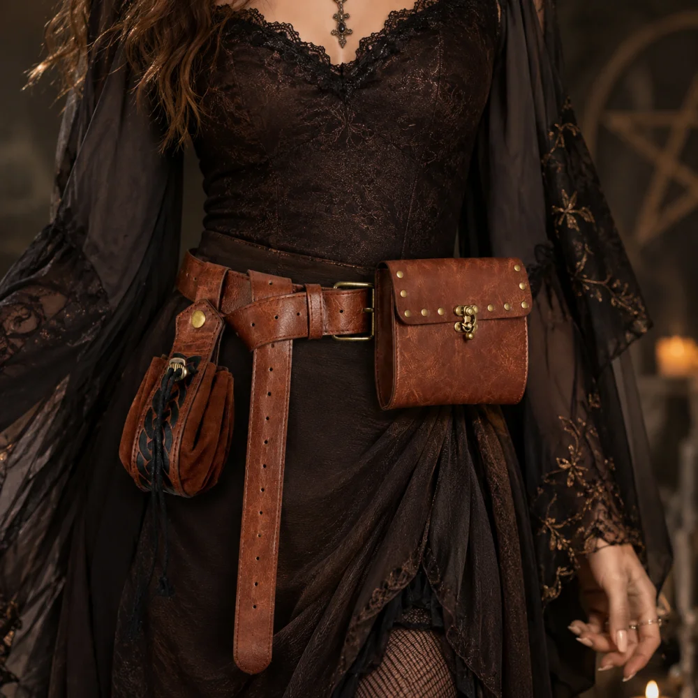 3‑Piece Vintage Medieval PU Leather Belt, Waist Pouch & Drawstring Bag Set, Witch Ranger LARP Role‑Play Accessories, Renaissance
